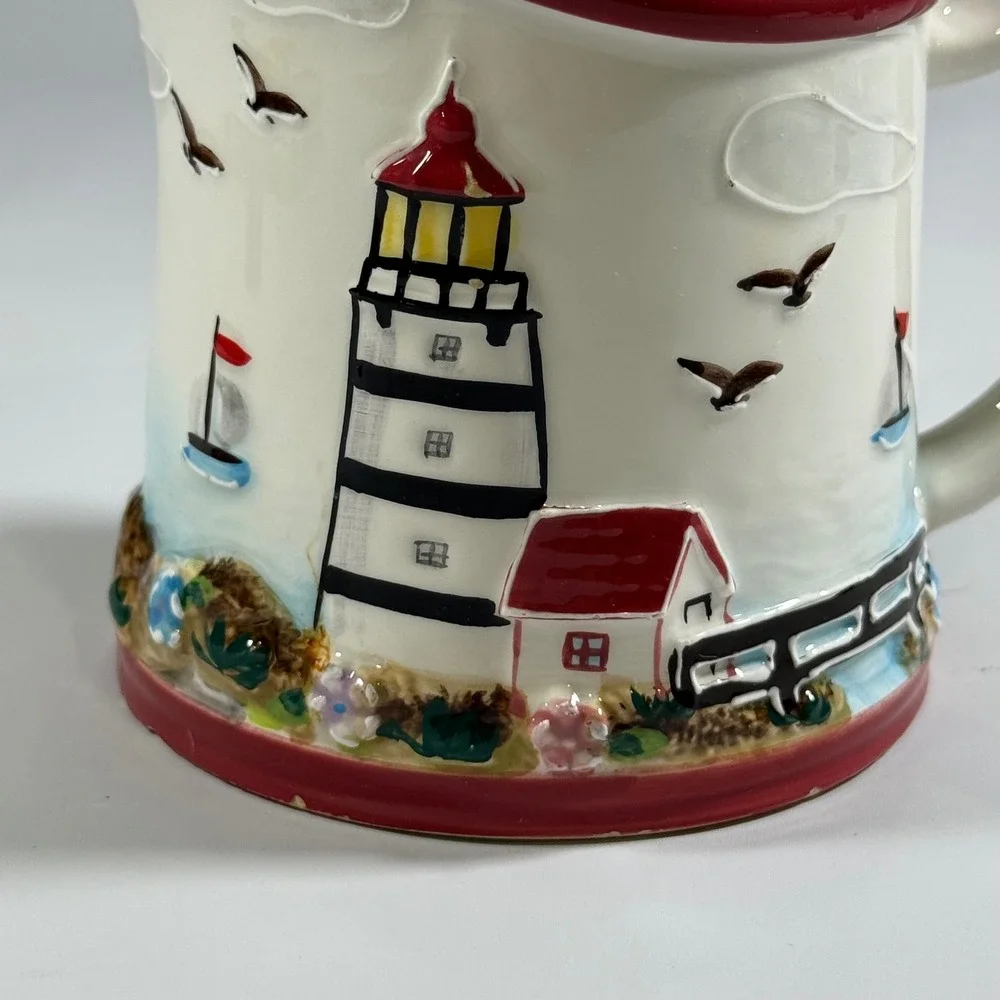 VTG KK Brand Lighthouse Coastal Ceramic Pitcher Small Nautical Beach House Decor